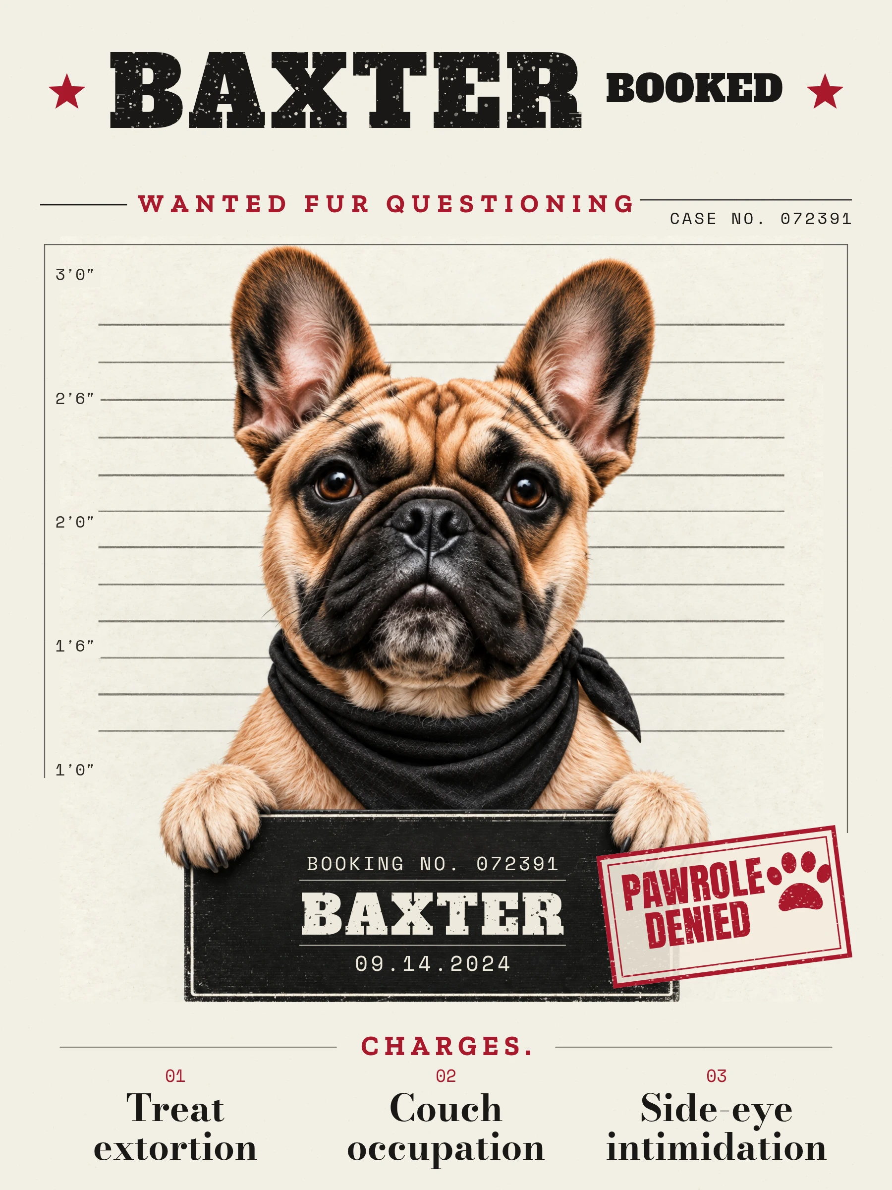 Baxter’s booking poster and PAWROLE DENIED stamp.