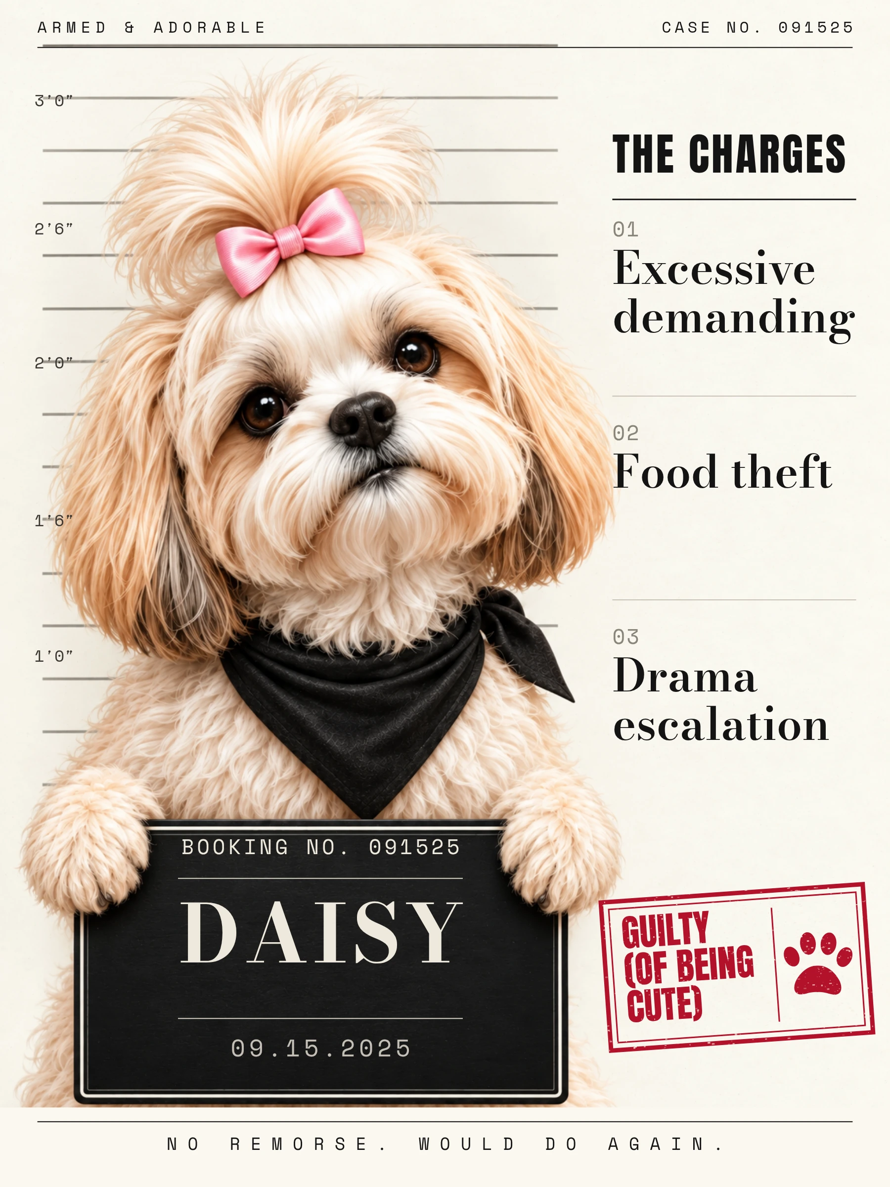 Daisy’s editorial portrait with a GUILTY (OF BEING CUTE) stamp
