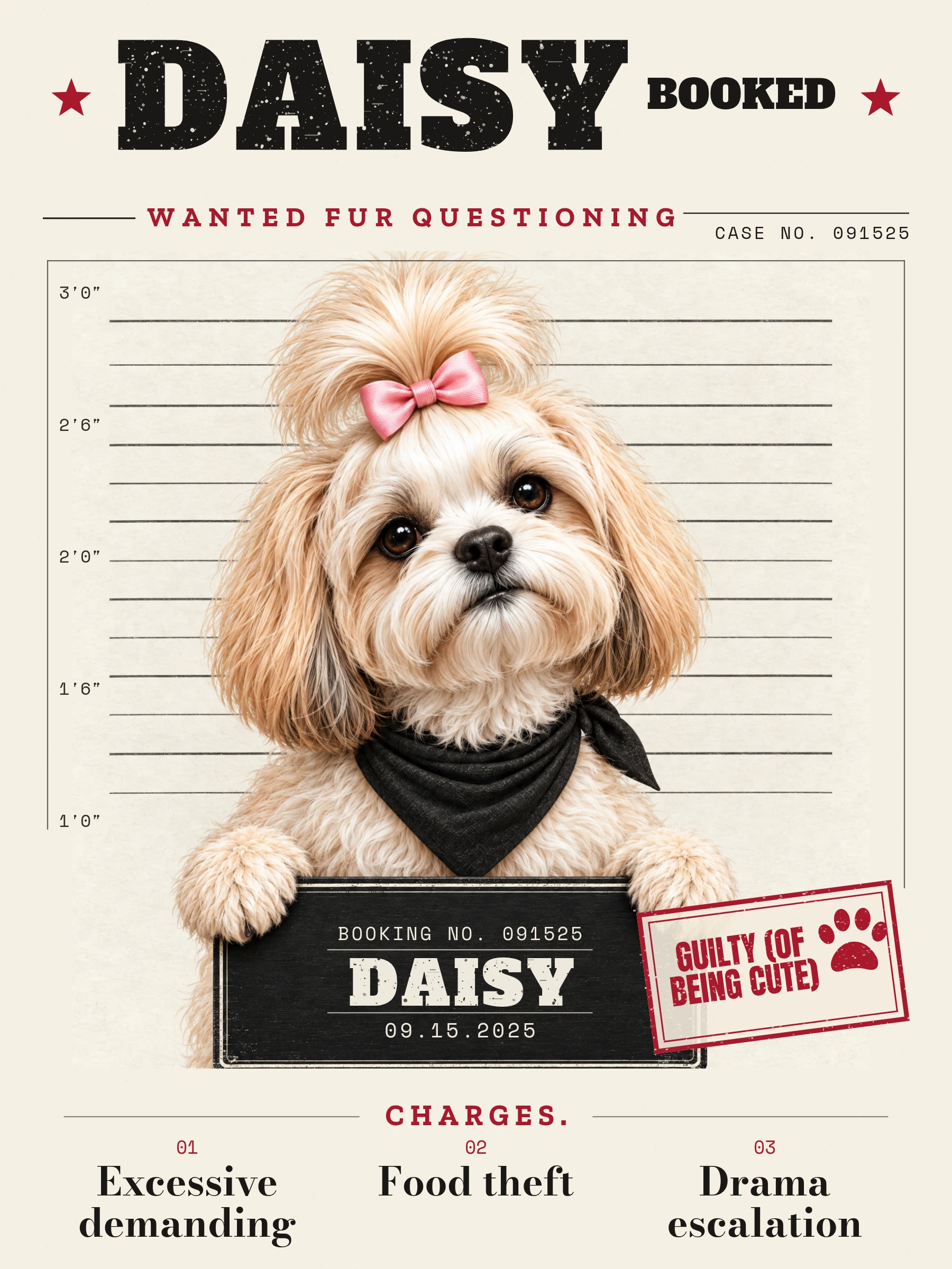 Daisy’s booking poster with a GUILTY (OF BEING CUTE) stamp